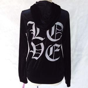 Velour Tops LOVE Zip Up Hooded Jacket Black XL